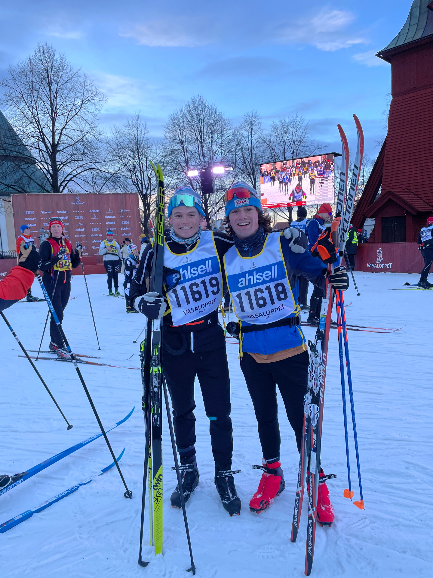Levi and training partner at the Vasaloppet cross-country ski race finish